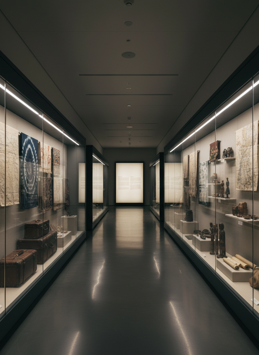 An elegant, long corridor in a contemporary museum-style archive, its walls lined with glass-fronted cases containing carefully displayed migration-related objects: vintage suitcases, folded textiles, hand-carved keepsakes, and rolled maps held in neutral linen cradles. Each case glows with soft, built-in, museum-grade lighting that eliminates glare and preserves the artifacts’ colors and textures. The polished concrete floor subtly reflects the illuminated cases, while the ceiling features recessed linear lights guiding the eye toward a softly lit, minimalist interpretive panel at the far end without readable text. Photographed from a low, central perspective with strong leading lines and deep focus, the image feels spacious, contemplative, and dignified, emphasizing ethical curation and the quiet grandeur of collective migration histories across eras and cultures.