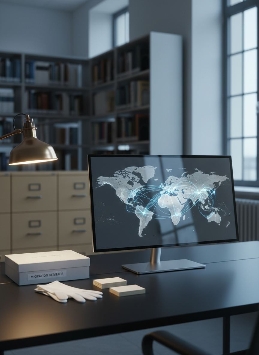 A sophisticated digital research workspace features a slim, high-resolution monitor displaying an abstract visualization of global migration routes as luminous, intertwining lines across a muted world map. The screen sits on a clean, matte-black desk alongside a closed archival storage box, a pair of cotton gloves, and a neatly stacked set of blank index cards. Indirect cool daylight from a large window to the right reflects softly off the monitor’s surface, while a warm desk lamp casts a gentle pool of light around the archival tools. Captured from a slightly elevated angle with balanced composition, the photographic image blends sharp detail in the foreground with a subtle bokeh of bookshelves and file cabinets in the background, evoking a modern, ethical research hub dedicated to migration heritage and data-driven insights.