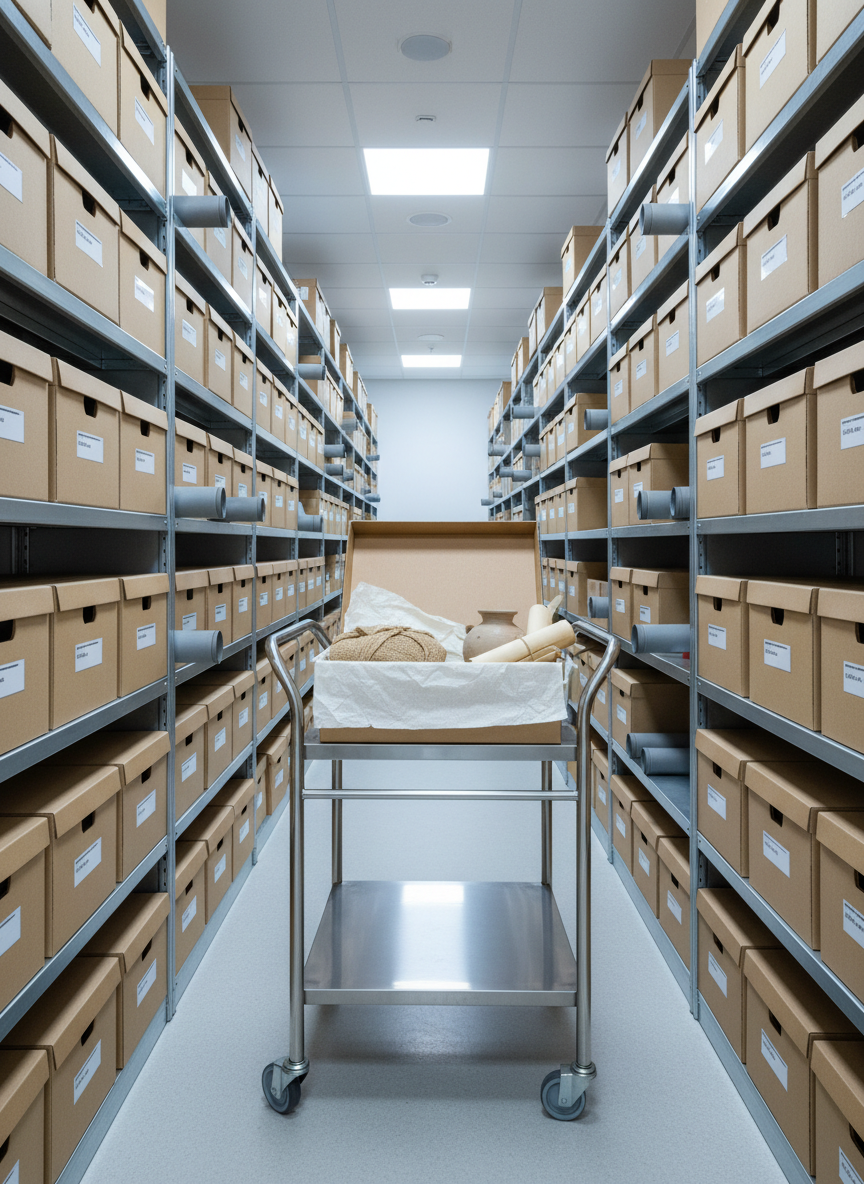 A climate-controlled archival storage room with high, evenly spaced metal shelving units, each filled with identical, neutral archival boxes and a few cylindrical map tubes, all labeled with simple, non-readable tags. In the center, a stainless-steel cart holds a single open box revealing carefully wrapped migration-era artifacts in acid-free tissue: a closed cloth bundle, a small ceramic vessel, and a rolled document. Cool, even overhead lighting creates a clean, clinical clarity without harsh contrast, emphasizing preservation and safety. Captured from a mid-level angle down the aisle, with strong leading lines and sharp focus from foreground to background, the photographic scene feels orderly, secure, and highly professional, stressing ethical, long-term care of diverse migration collections rather than dramatic or crisis imagery.