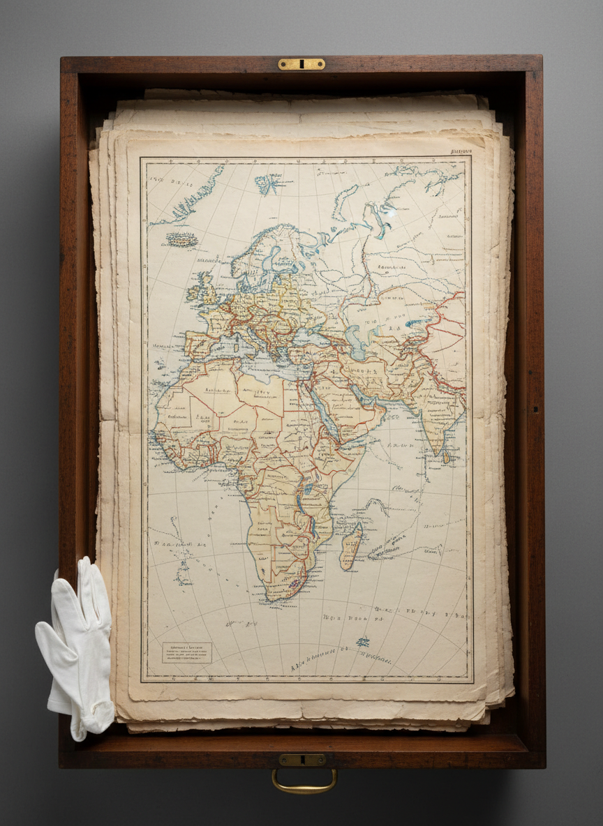 A large, meticulously organized flat-file drawer is pulled open to reveal gently layered, high-resolution migration maps from different centuries, each printed on thick, archival-quality paper with subtle deckled edges. Inked coastlines, trade routes, and migration paths appear in muted blues, ochres, and deep reds, showing diverse regions without privileging any one place. A pair of white cotton handling gloves rests on the drawer edge, underscoring careful stewardship. Overhead, soft studio lighting creates even illumination with no harsh reflections, revealing the rich paper textures and fine linework. Shot from directly above, the photographic composition is symmetrical and balanced, with sharp focus across the frame, conveying a methodical, analytical approach to migration heritage and the layered complexity of movement over time.