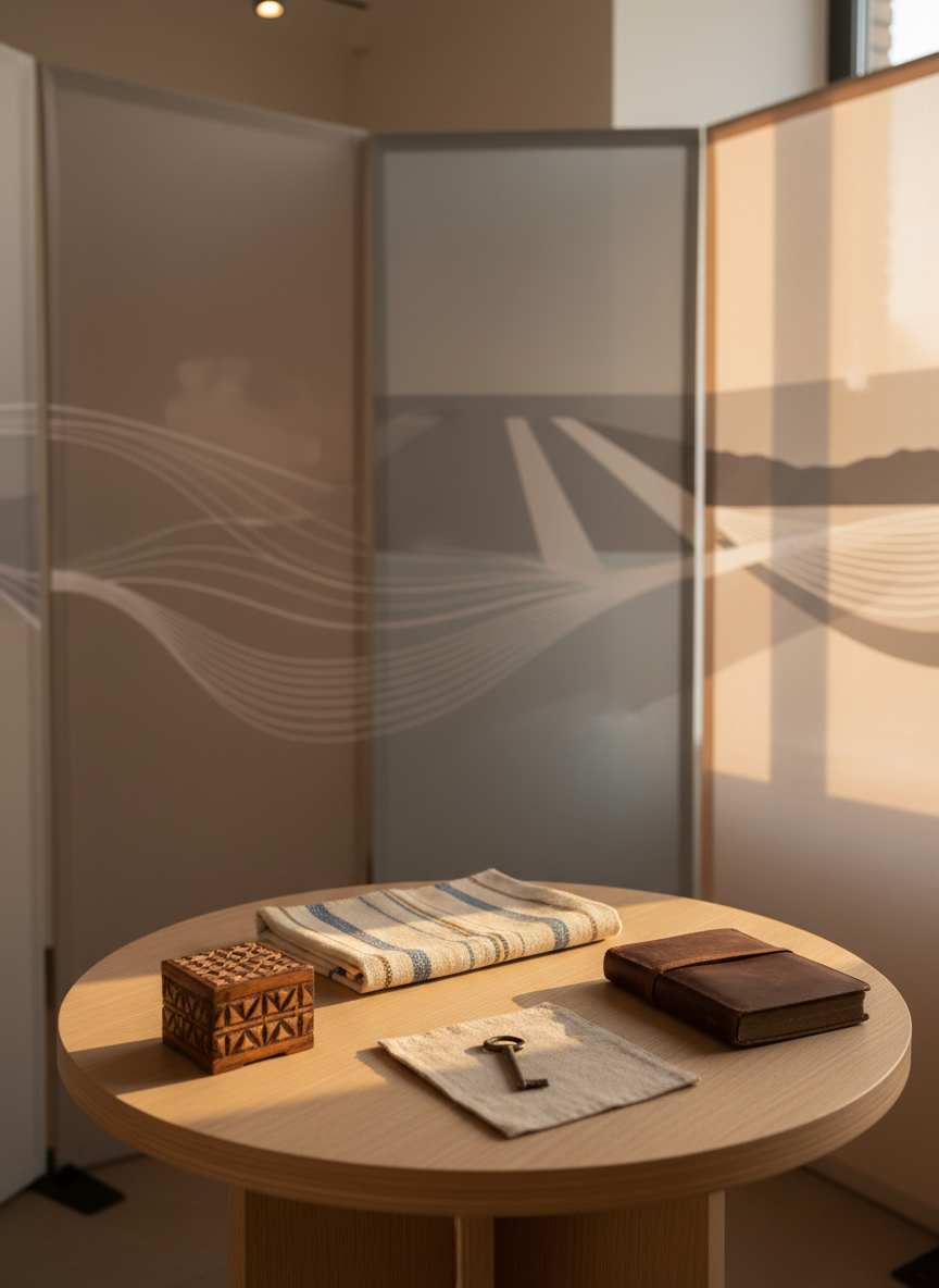 A refined storytelling corner in a cultural research center features a circular, low display table holding a curated arrangement of non-fragile migration mementos: a small, carved wooden box, a woven textile folded with crisp precision, a closed leather-bound notebook, and a simple metal key on a linen pad. Behind the table, tall, neutral-toned panels display abstract, text-free graphics suggesting waves, paths, and horizons. Warm, late-afternoon light filters indirectly into the room, enriched by subtle ceiling spotlights that highlight the objects without casting harsh shadows. Photographed at eye level with a slight side angle, the image uses a shallow depth of field to keep the table in sharp focus and the panels softly blurred. The mood is intimate, respectful, and contemplative, suited to nuanced migration storytelling without sensationalism.