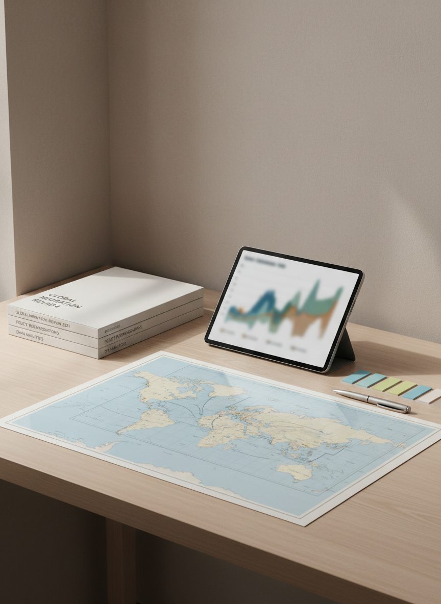 A sophisticated policy-brief preparation desk set against a softly textured, neutral wall features a stack of neatly bound reports with minimalist covers, a sleek tablet showing a blurred infographic of migration trends, and a set of color-coded sticky tabs arranged beside a fine-point pen. A large, folded map with subtle migration arrows lies partially open beneath transparent overlay sheets, suggesting careful review. Natural daylight from a nearby window blends with cool overhead office lighting, casting gentle, layered shadows that add depth without clutter. Photographed from a three-quarter overhead angle with moderate depth of field, the image emphasizes crisp edges, muted tones, and a clean, contemporary aesthetic, evoking rigorous, evidence-based migration policy work grounded in archival research and ethical data visualization.
