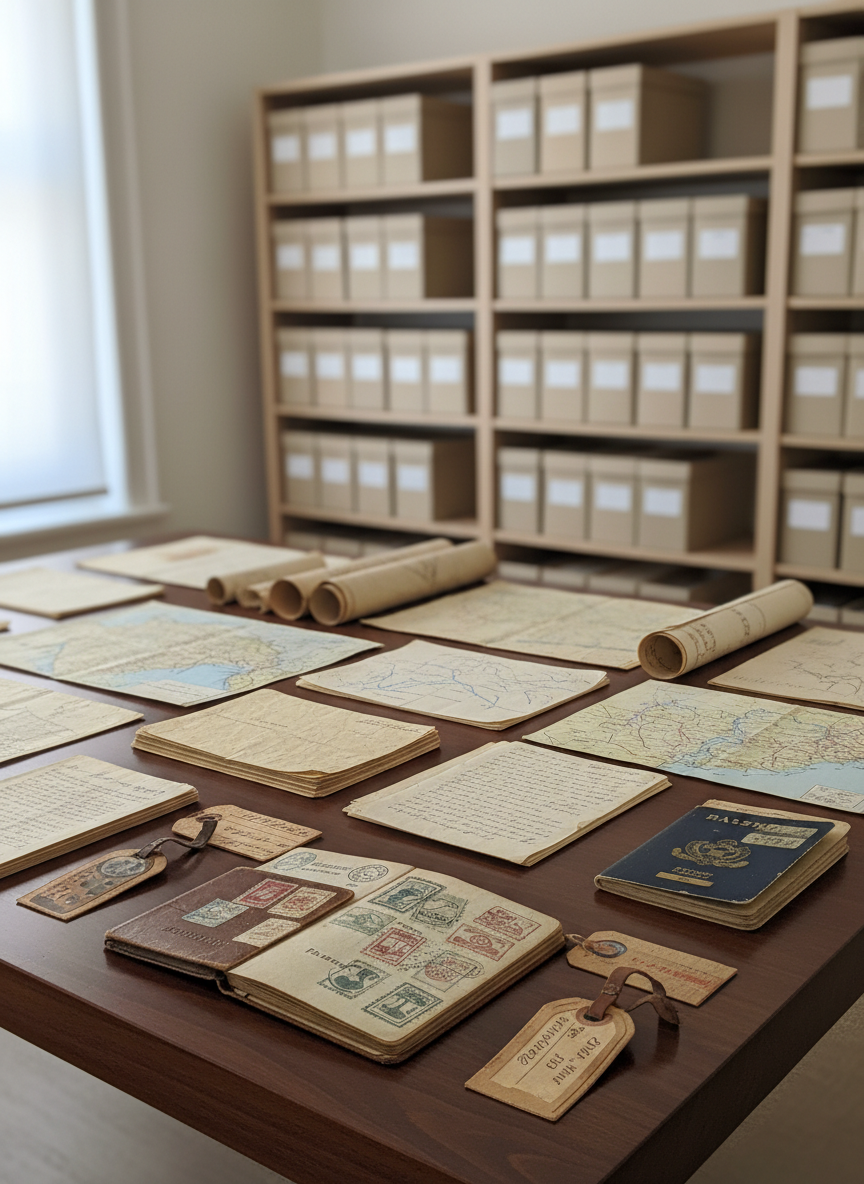 A large archival table made of dark, polished wood is covered with meticulously arranged migration artifacts: aged passports with intricate stamps, weathered luggage tags, handwritten letters on yellowing paper, and delicate maps traced with faded routes. Around the table, minimalist shelving holds neutral-toned archival boxes and acid-free folders, all carefully labeled without visible text. Soft, diffused daylight enters from an unseen window to the left, creating gentle highlights on the paper textures and subtle shadows along the box edges. Shot at eye level with a slight three-quarter angle, the photographic realism emphasizes clarity and detail, while a shallow depth of field keeps the foreground documents in crisp focus and the background shelves tastefully blurred, conveying a calm, scholarly atmosphere of respectful preservation and analysis.